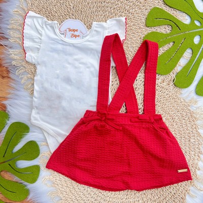  Conj. Body Manga Curta e Salopete dois Laços - Off White e Vermelho